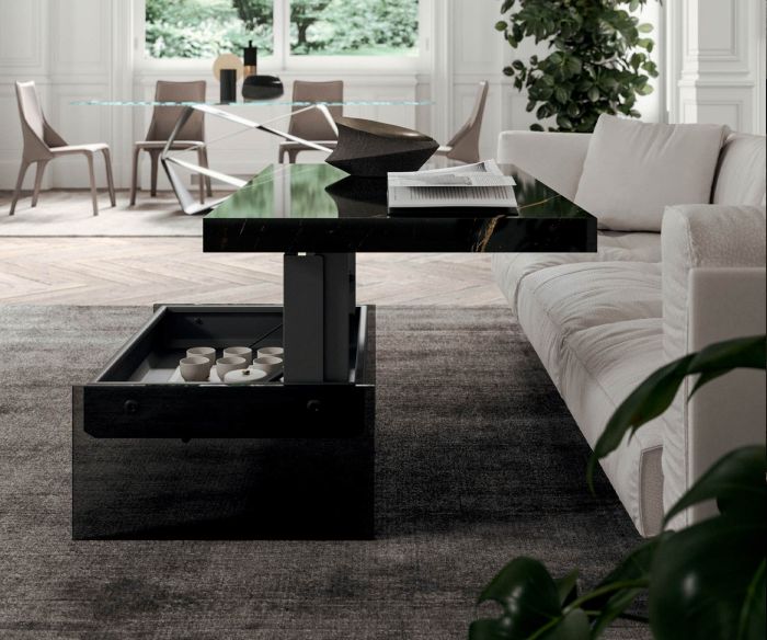 Coffee table Bellagio table top marble glass folded up storage compartment