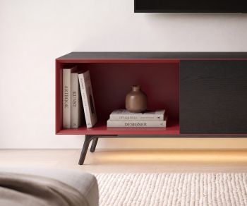 Livitalia Minimal lowboard TV unit with red open compartment and dark oak frame in modern living room.