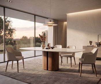 al2 el-it c 001 dining table in a modern dining room. Oval design table with wooden pedestal base and marble top.