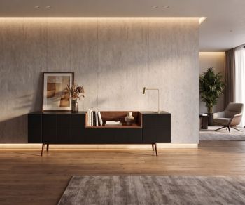 al2 MOS-I-KO 003 A design sideboard in a modern living room, offering storage in matte lacquer and natural wood.