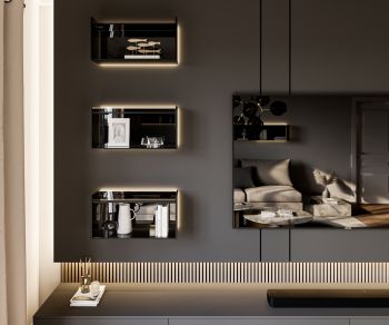 Illuminated glass shelf from Livitalia with three shelves on top of each other Design lowboard with TV