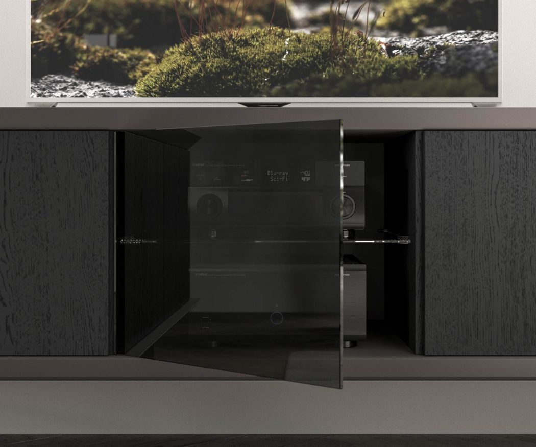 High-quality design lowboard on legs with open compartment for technology