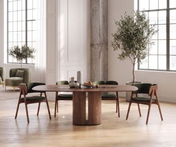 al2 el-it c 001 dining table in wood, in a bright modern dining room with green chairs and minimalist decor.