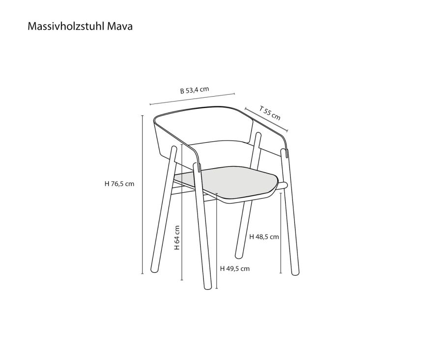 Designer wooden chair Mava from Punt Sketch Dimensions Sizes Size information