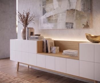al2 MOS-I-KO 003 A sideboard for living room storage, white matte and oak wood in a modern minimalist style.