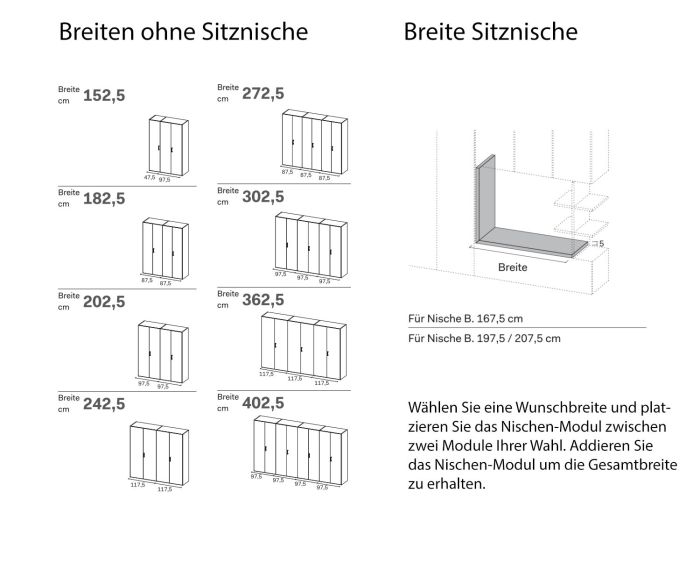 Design wardrobe Gola with bench seat width sketch