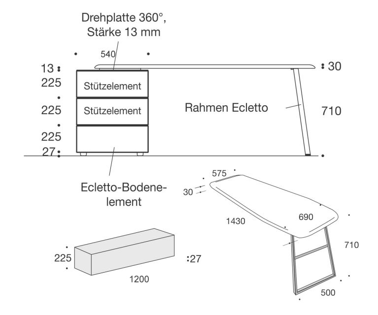 Livitalia Ecletto design chest of drawers with dressing table sketch dimensions sizes