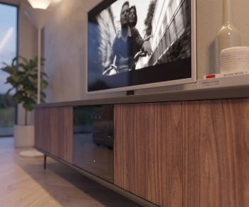 Ozzio Brera TV media unit in walnut wood with dark glass front for modern living room storage.