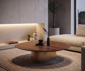 al2 dakry 006 coffee table in wood with a metallic base in a minimalist modern living room.