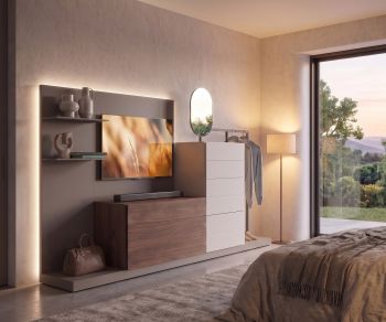 Livitalia EASY TV plinth and bench base supporting modular bedroom dresser and TV wall unit with warm LED lighting.