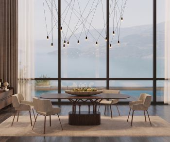 Oval al2 wood-oo 001 a dining table in a modern dining room, dark wood veneer with tree-like base and beige chairs.