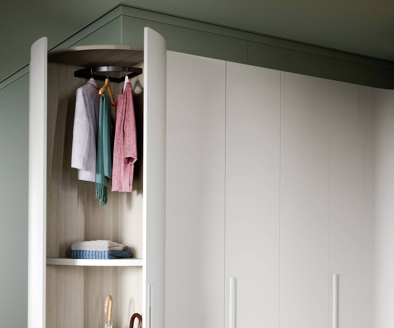 Alfa Curvo round wardrobe with coat rack and open hinged door