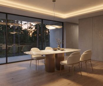 al2 dakry b 001 design dining table, oval with marble-look ceramic top and ribbed metal legs in a modern dining room.