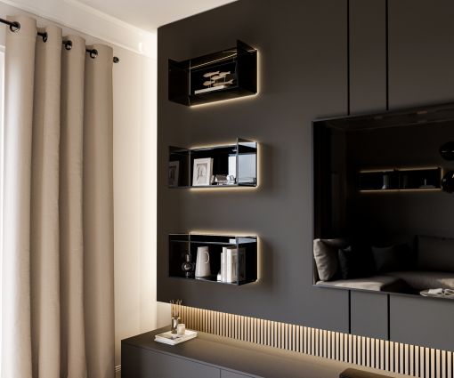 Hanging Livitalia glass design wall shelf integrated into wall unit panel