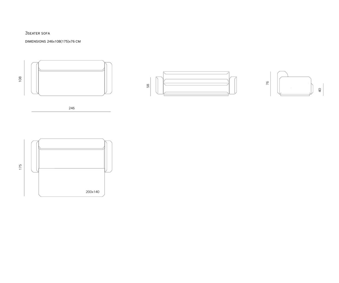 Prostoria Design sofa bed Fade 3 seater sketch dimensions