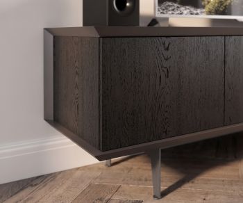 Ozzio Brera TV media lowboard unit in dark carbon oak wood with slim metal legs for modern living room entertainment.